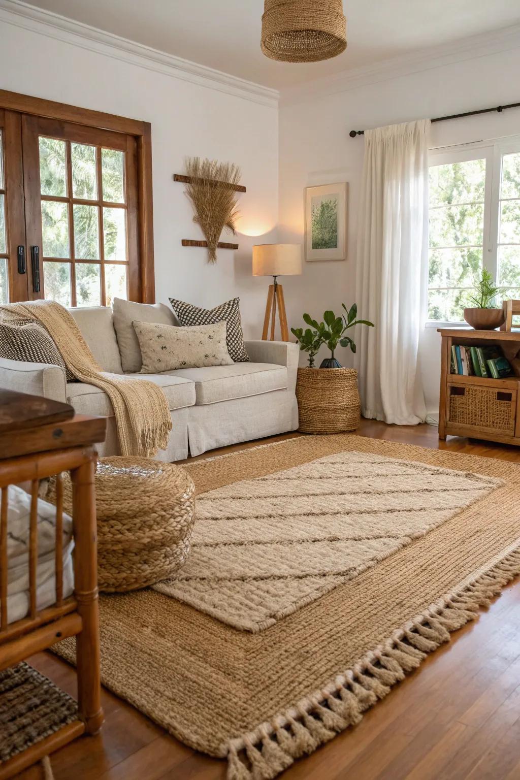 Textured floor coverings provide warmth and tactile appeal to a tropical living space.