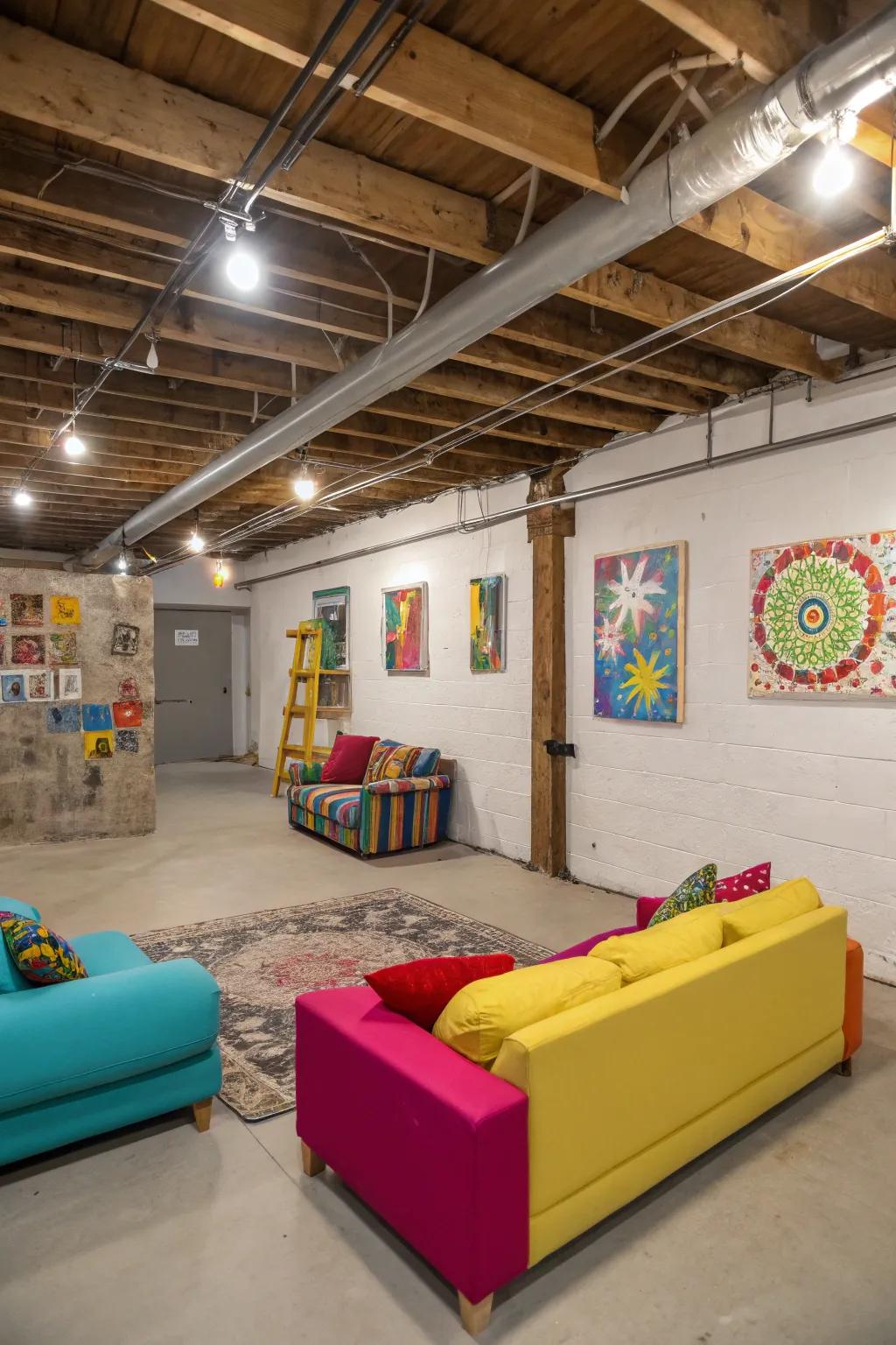 Color accents bring vibrancy to an unfinished basement.