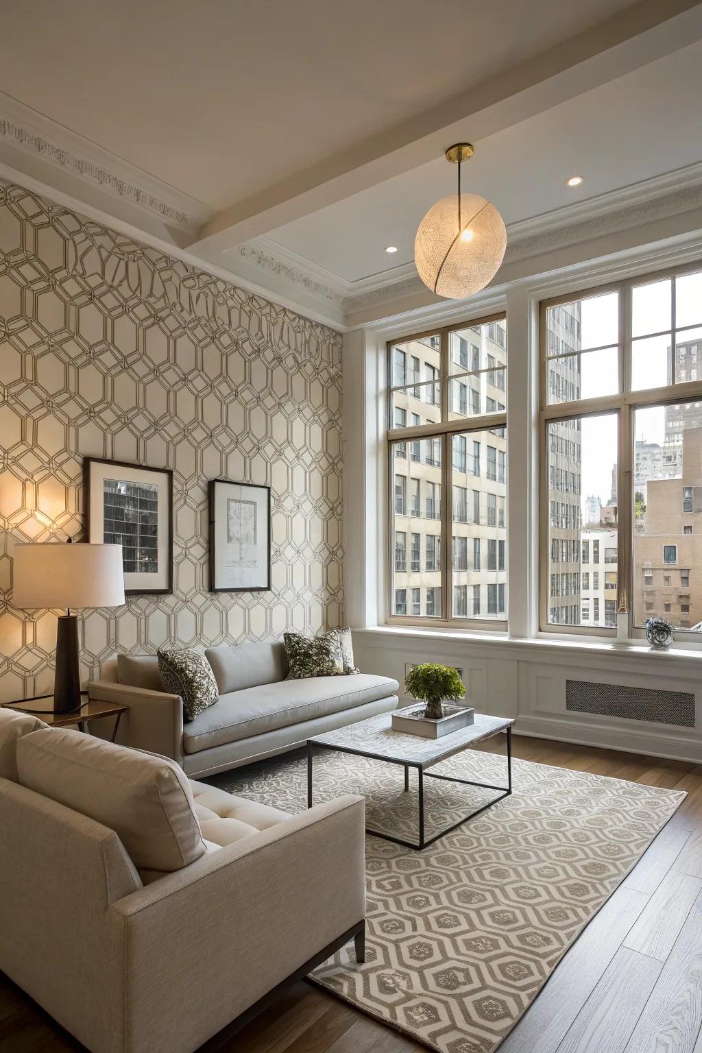 Chic city-inspired wall decor in a contemporary apartment setting.