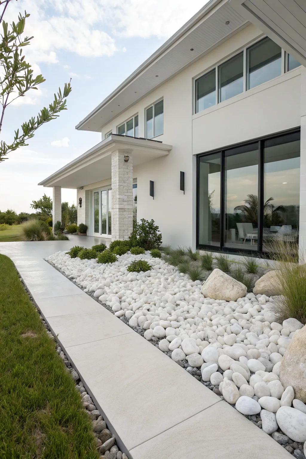 A modern home exterior beautifully integrated with pale stone landscaping for a cohesive look.