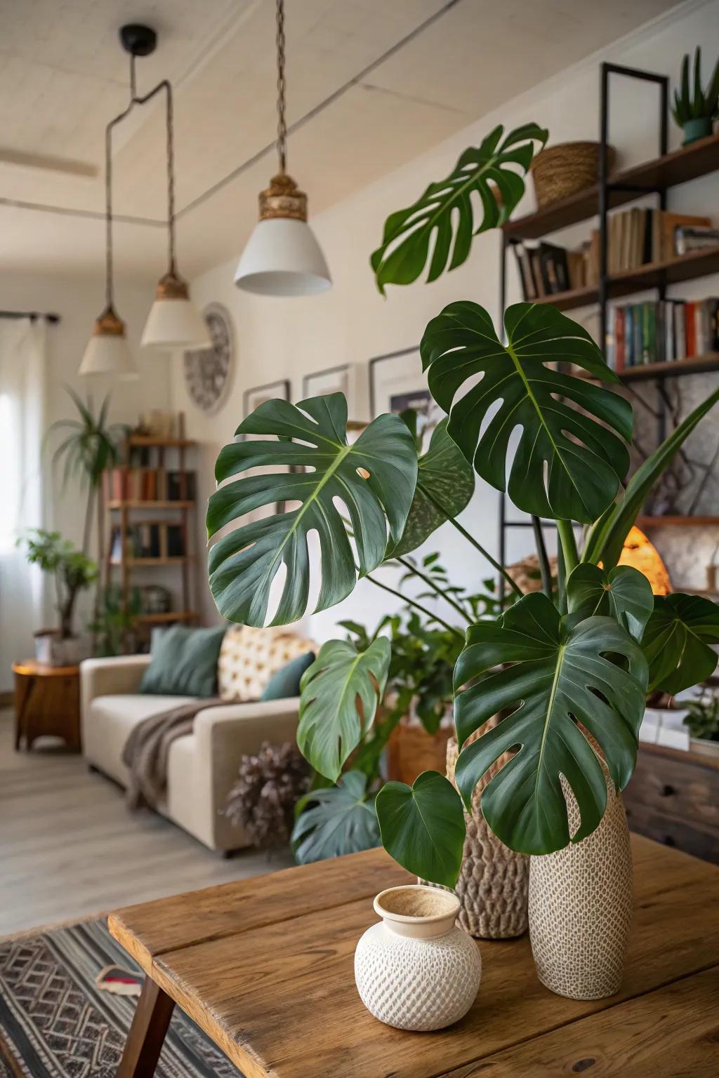 A space showcasing a combination of real and man-made monstera leaves.