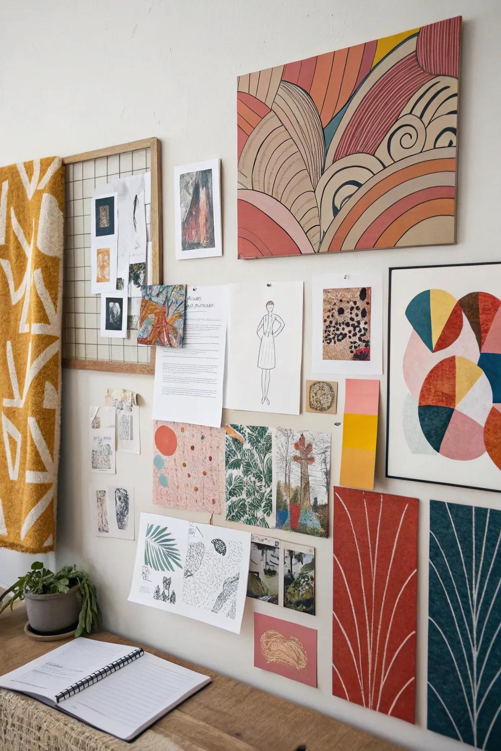 An artistic-themed mood board showcasing bold artistry and inventive sketches.
