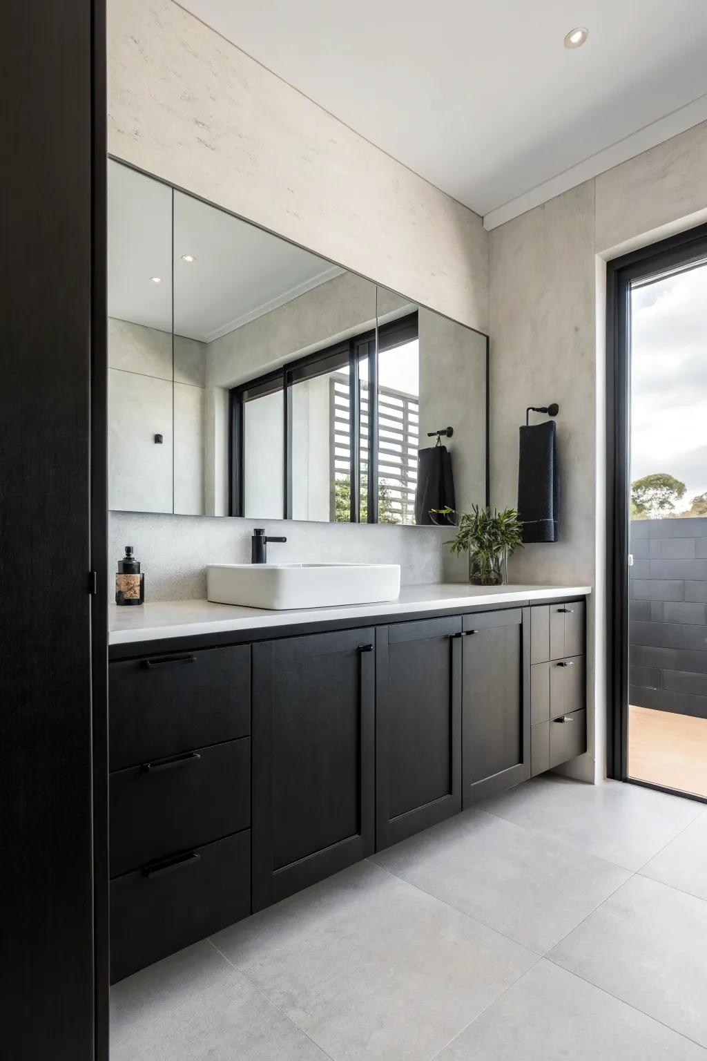 Minimalism fashions a streamlined and uncluttered subdued bathroom.