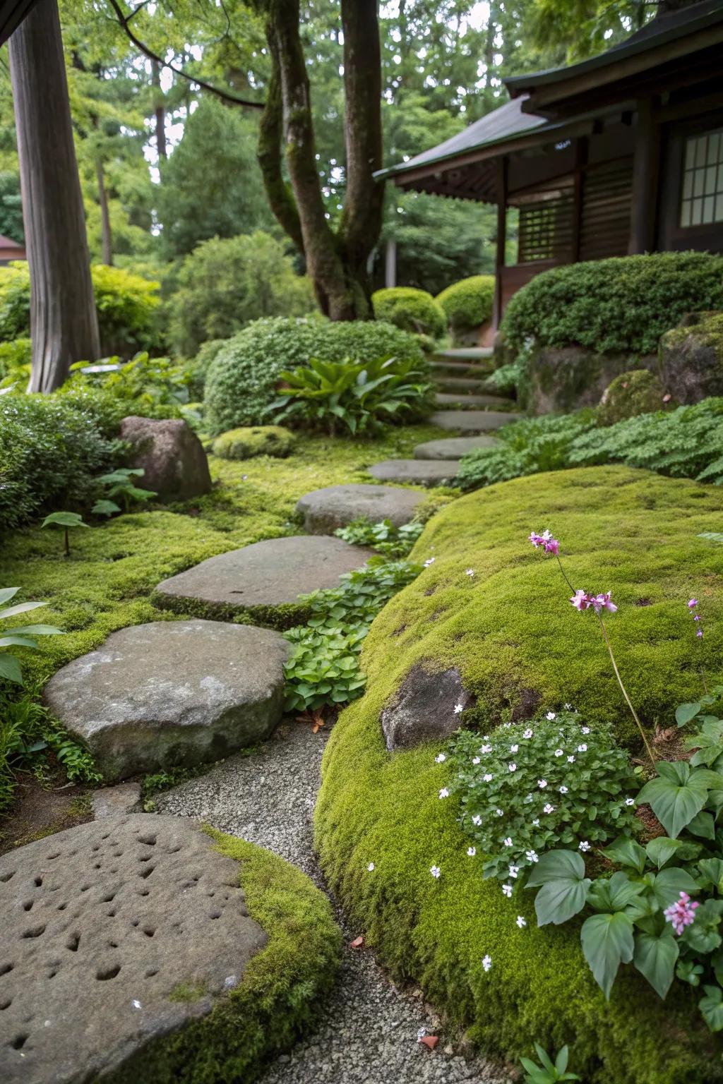 Moss-encrusted stones that conjure a woodland atmosphere.