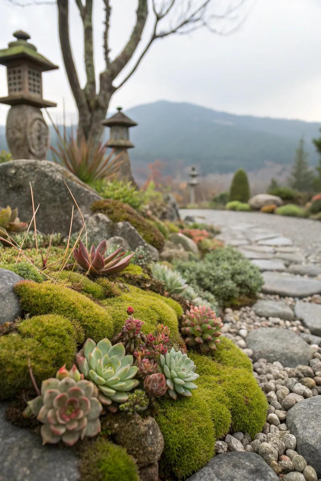 A vibrant stone setting showcasing lush moss stones.