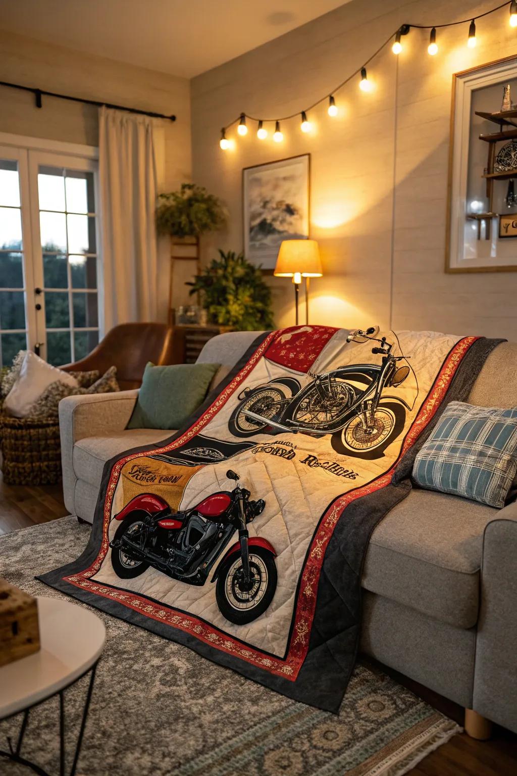 A cozy quilt featuring motorbike motifs for extra warmth.