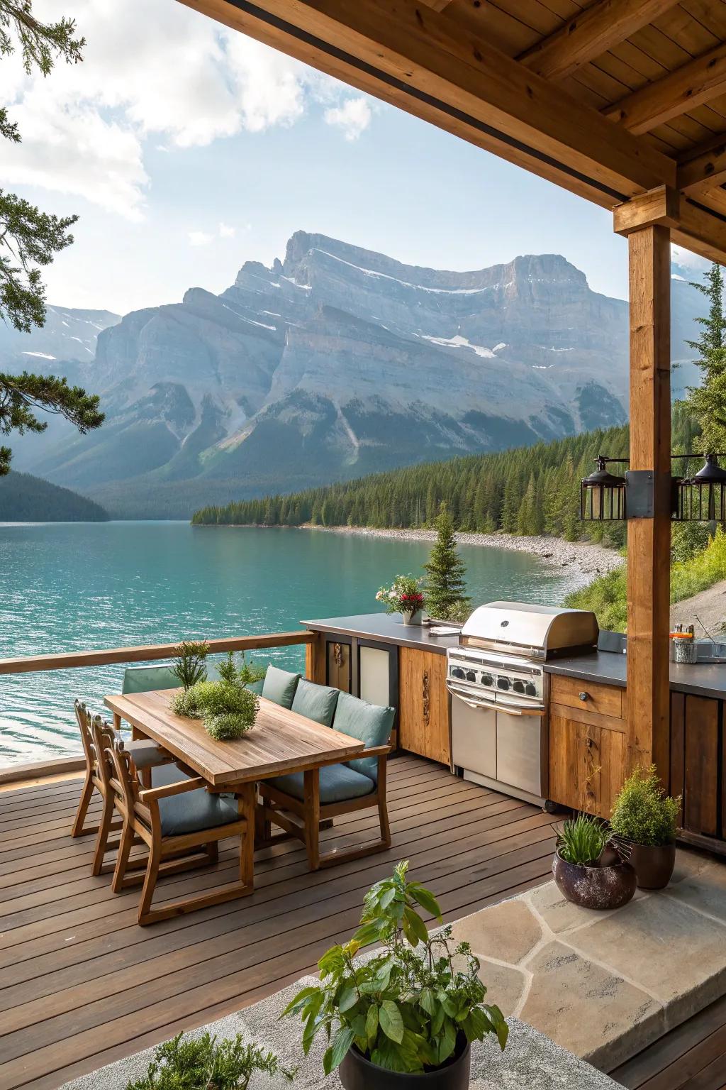 An outdoor kitchen seamlessly combines cooking with the beauty of nature.