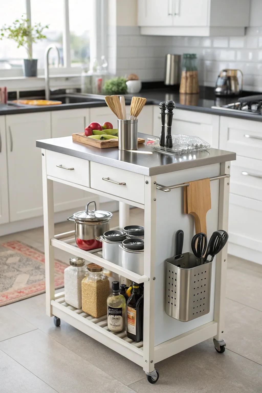 Convenient accessory holders featured on a kitchen island