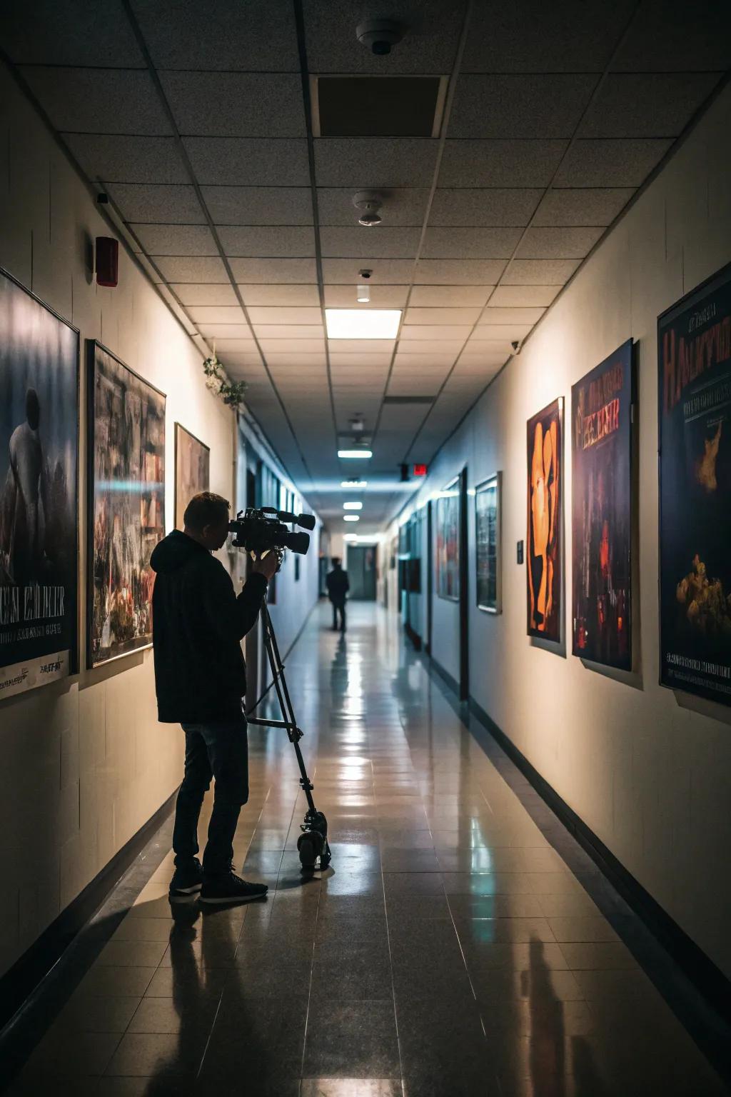 A hallway featuring dynamic composition film art.