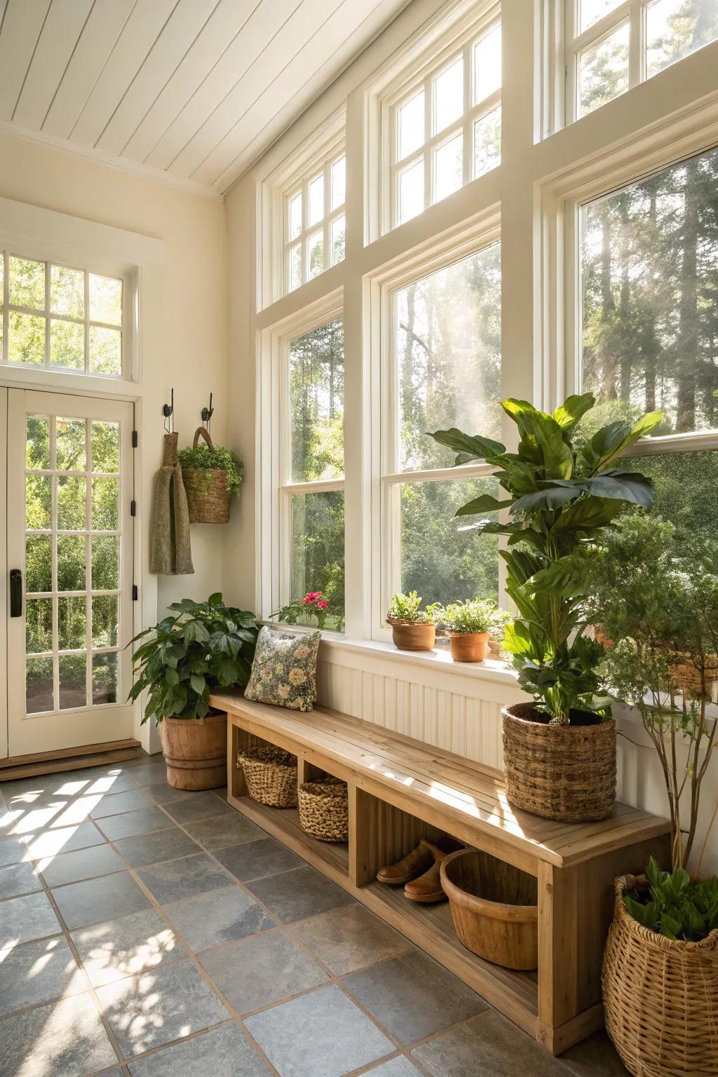 Natural light enriches the inviting ambiance of a mudroom.
