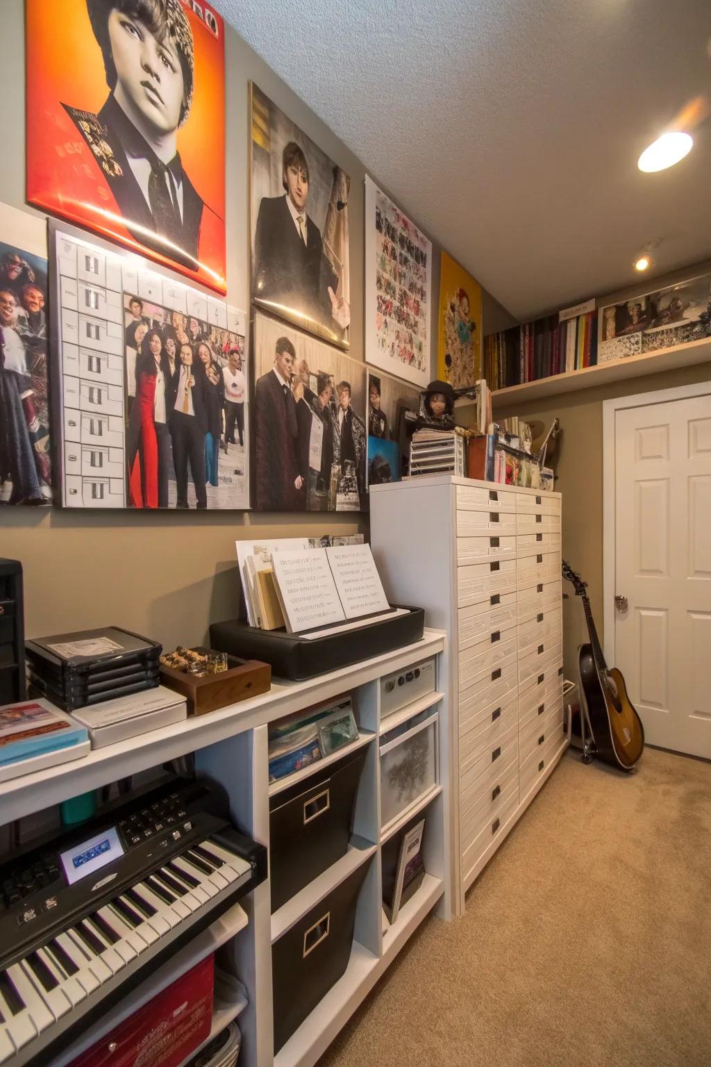 Efficient storage solutions keep the music room tidy and stylish, enhancing its appeal.