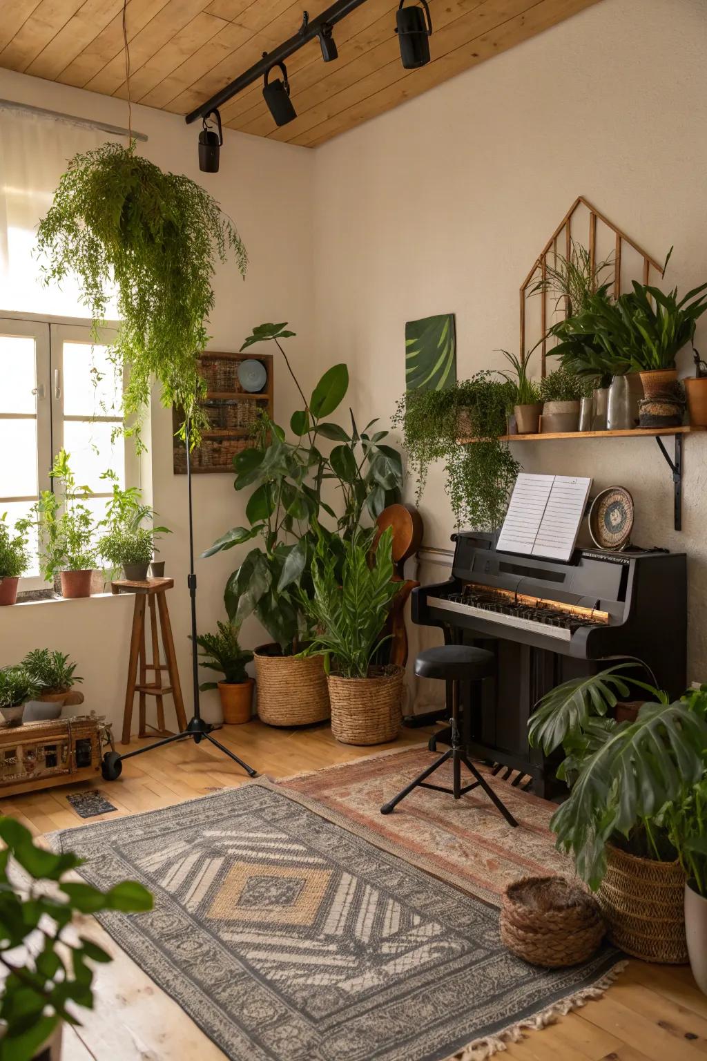 Plants enhance the freshness and acoustics of the room.