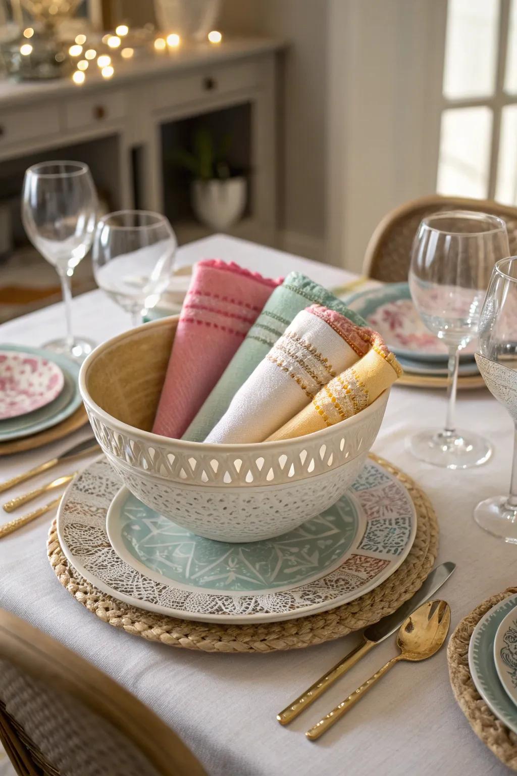 An ornamental bowl filled with napkins introduces a touch of sophistication to any dining presentation.