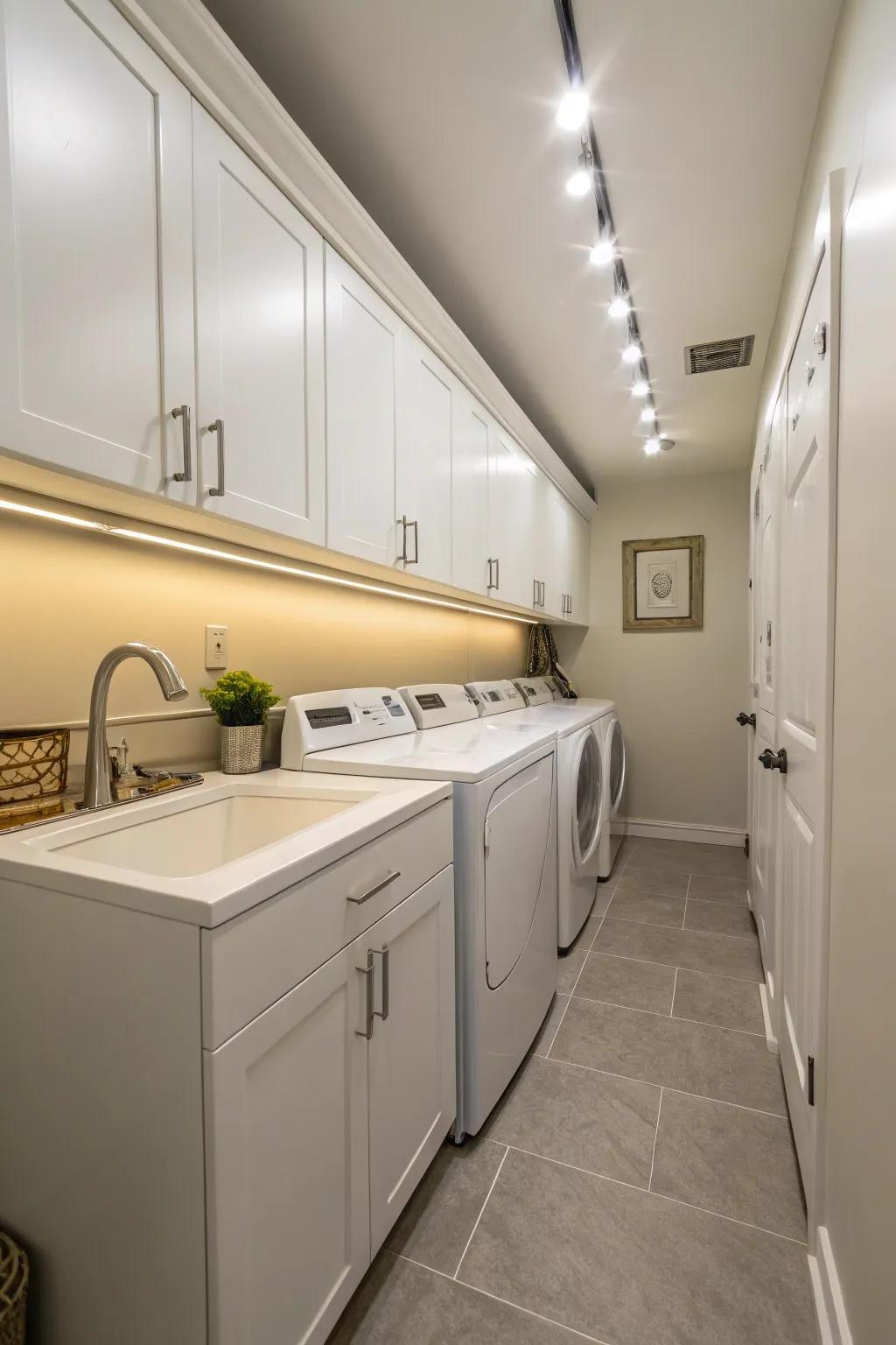 Under-cabinet lighting creates a warm and inviting atmosphere while improving task visibility.