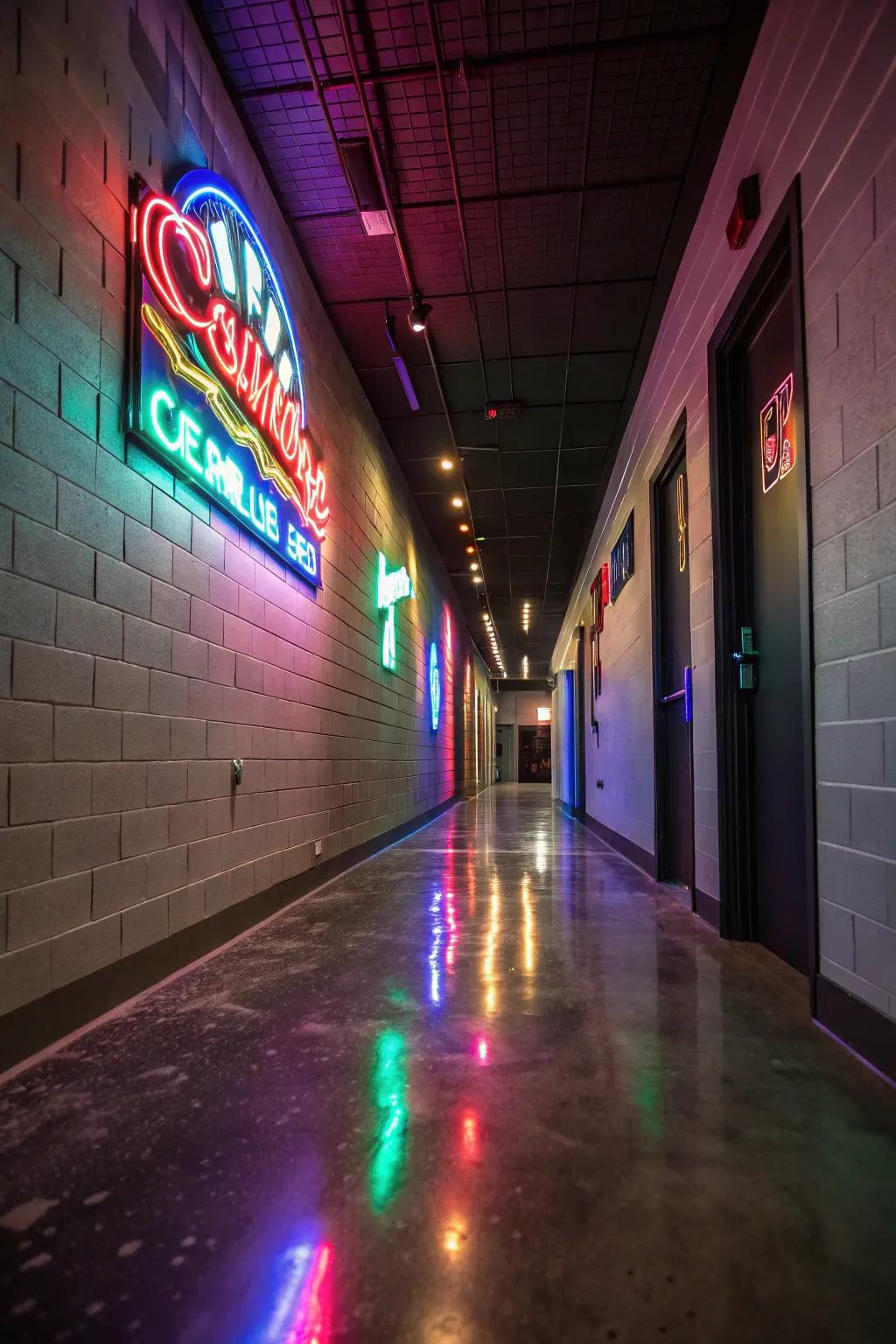 Neon lights include a unique personality to constricted hallways.