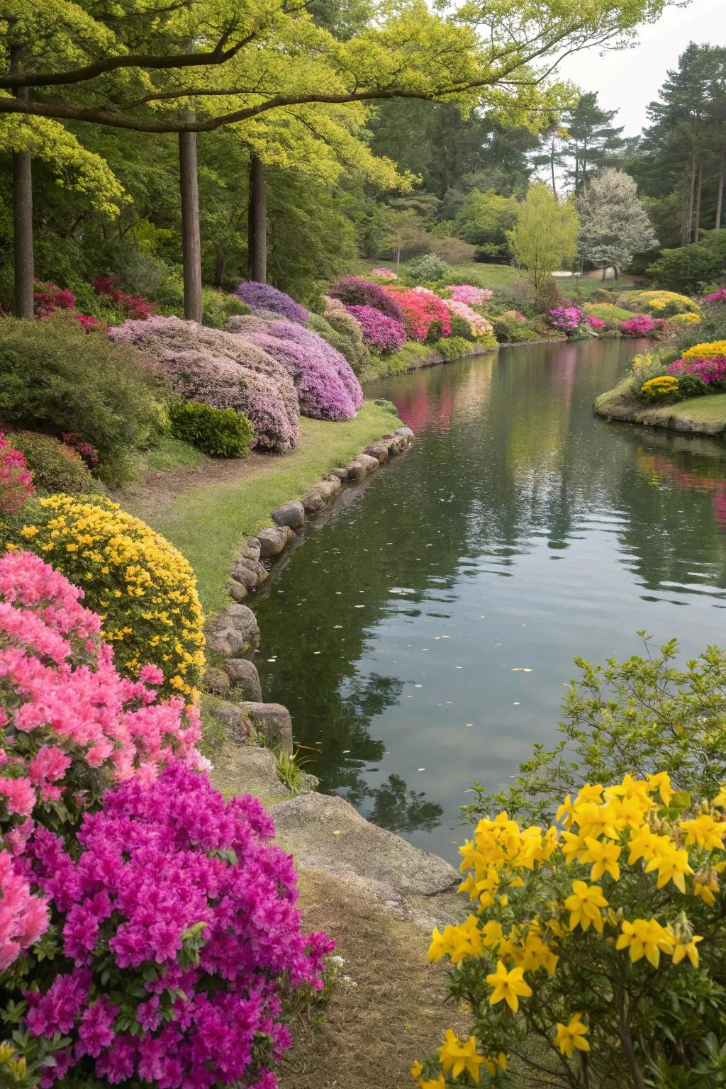 Vivid blooms appending a cascade of pigmentation to a native pond.
