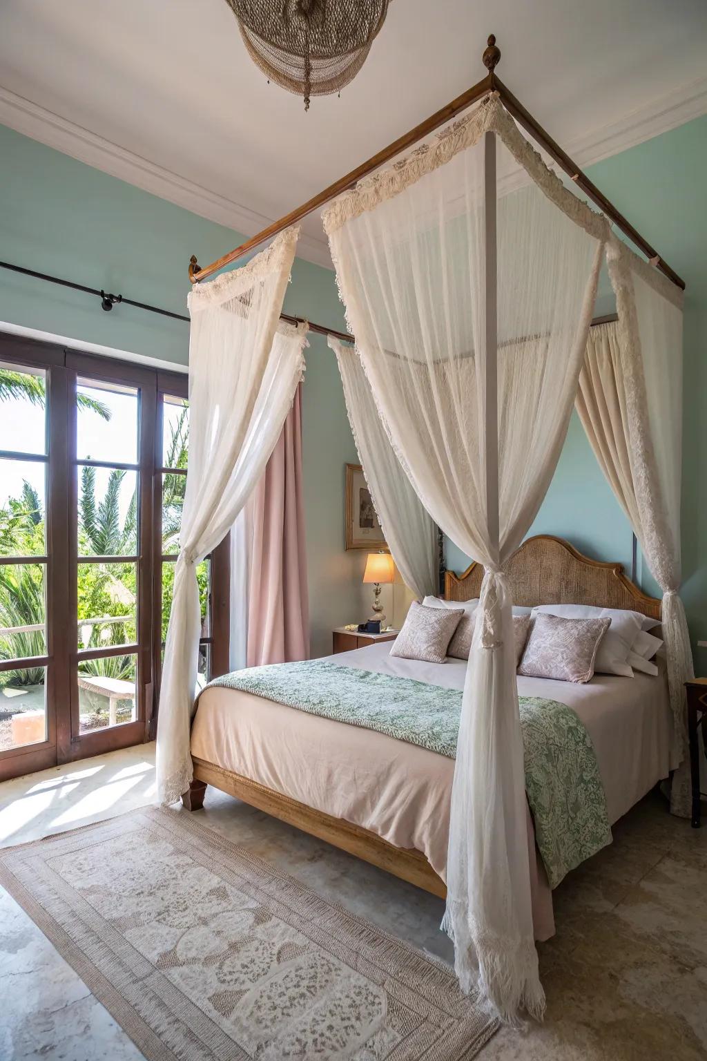 A canopy bed offers a cozy, secluded feel reminiscent of a forest retreat.
