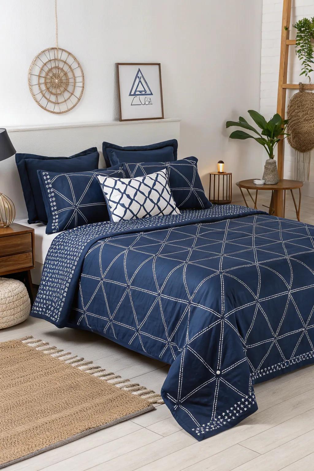 Add a modern geometric flair to navy bedding.