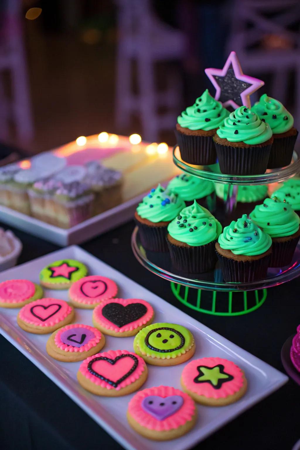 Glow-in-the-dark muffins and biscuits on a radiant-themed dessert station, delighting party visitors.