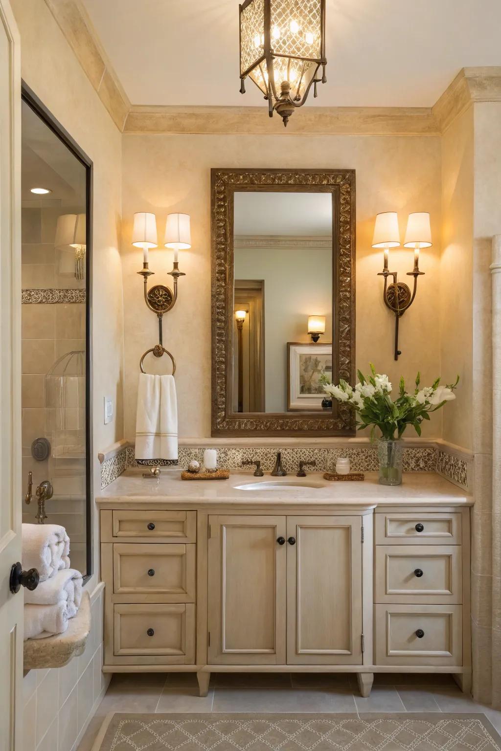 Classy lighting apparatus adds refinement to this neutral bathroom.