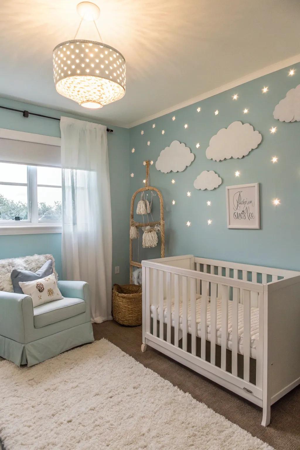 A nursery featuring soothing overcast azure tones.