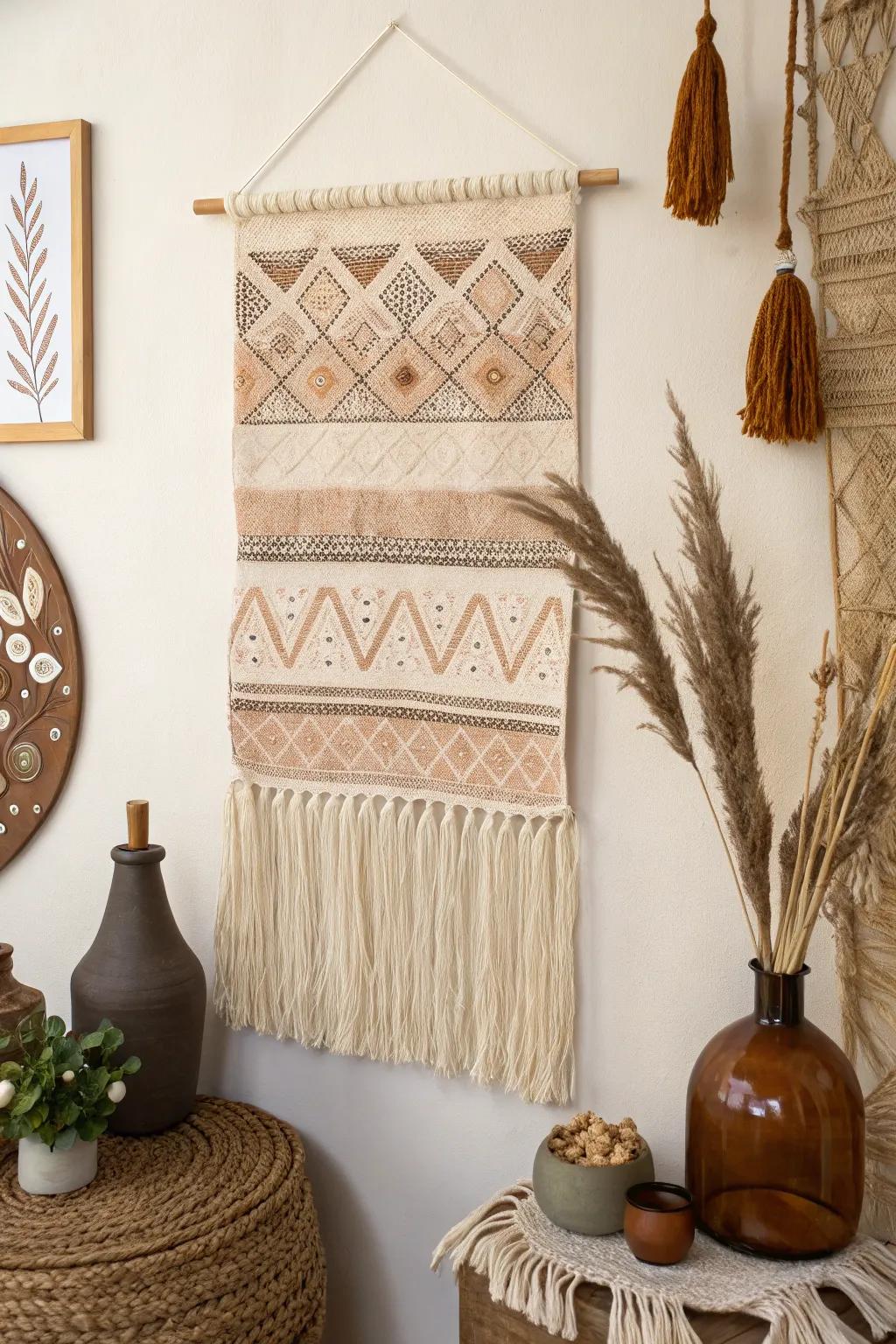 Textile artistry introduces warmth and texture to walls.