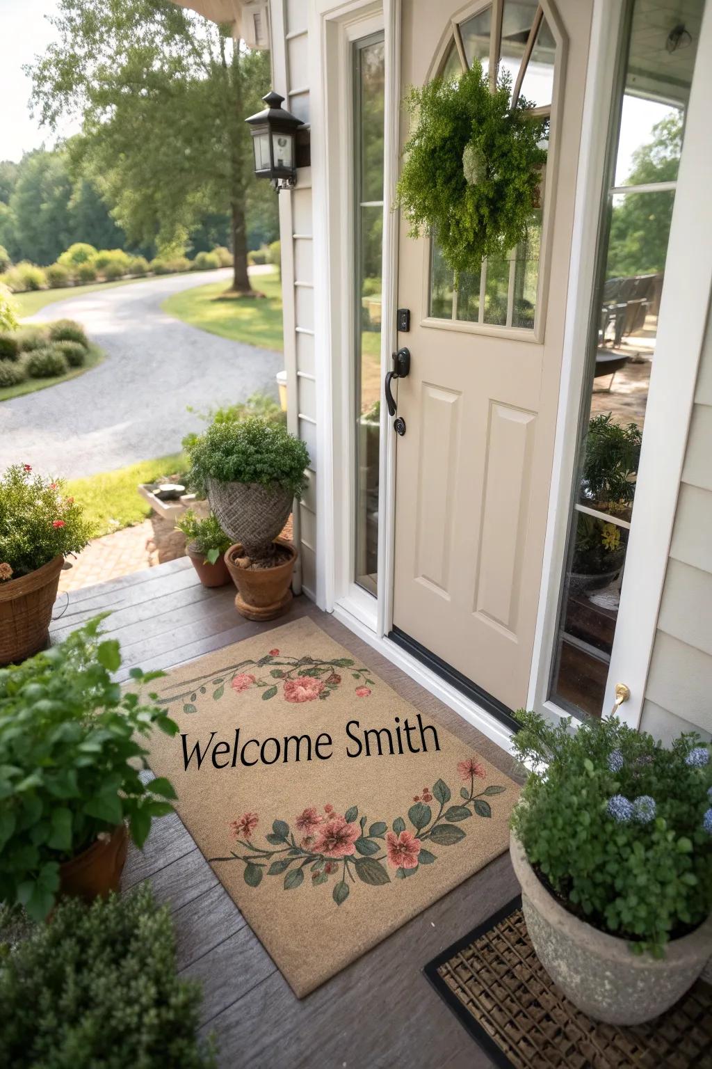 A customized entry mat welcomes visitors with charm.