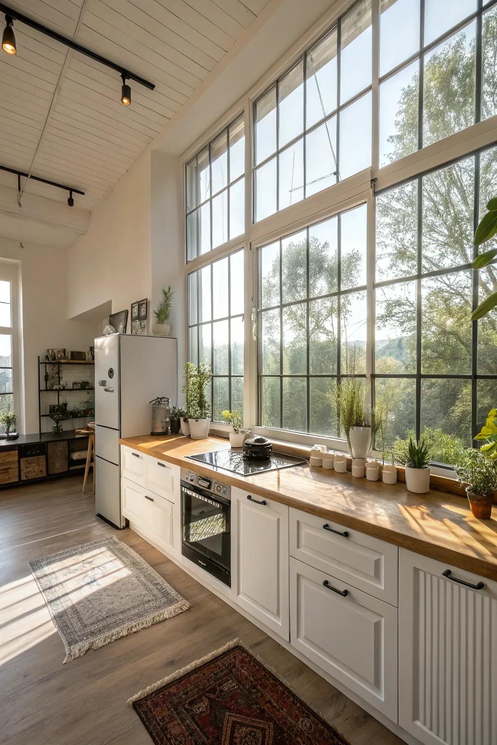 Sunlight streaming into a vivid cooking area.