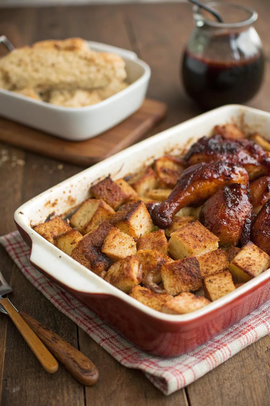 A unique barbecue chicken and apple bread pudding, offering a delightful twist on comfort food.