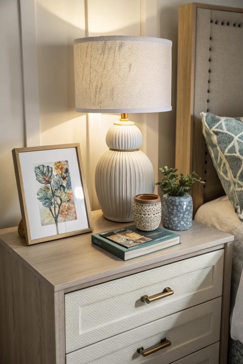 Communicate your individuality through artistic highlights on your bedside table.