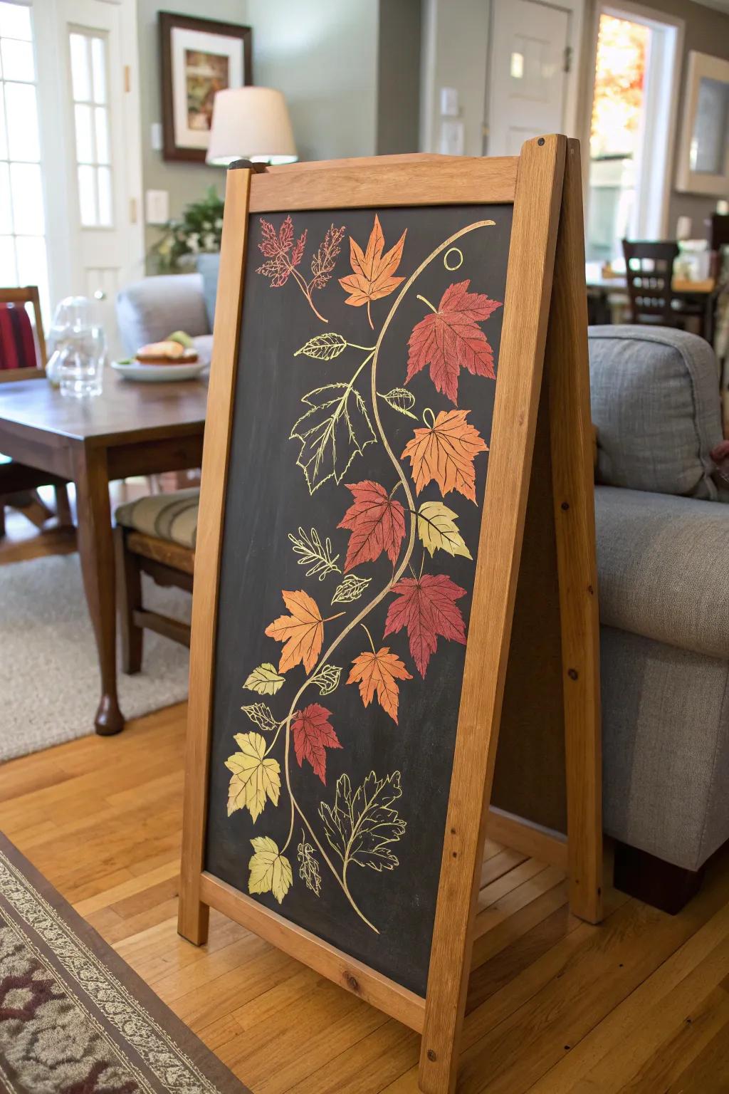 A drifting foliage chalkboard design, conveying the allure of autumn indoors.