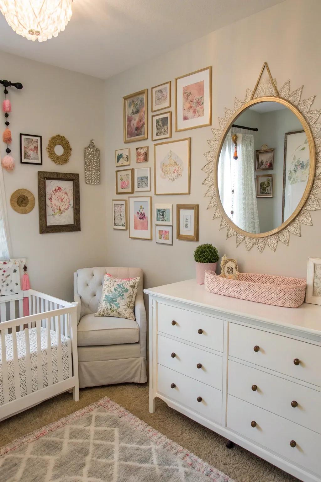 A feature wall with reflectors adds personality and depth to this nursery.