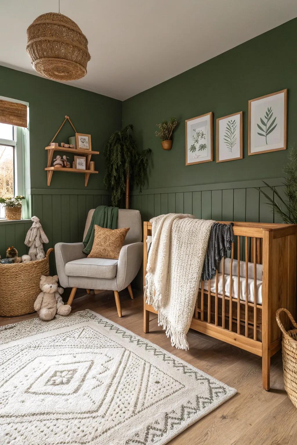 A baby room displaying intense forest green walls for enhanced personality.