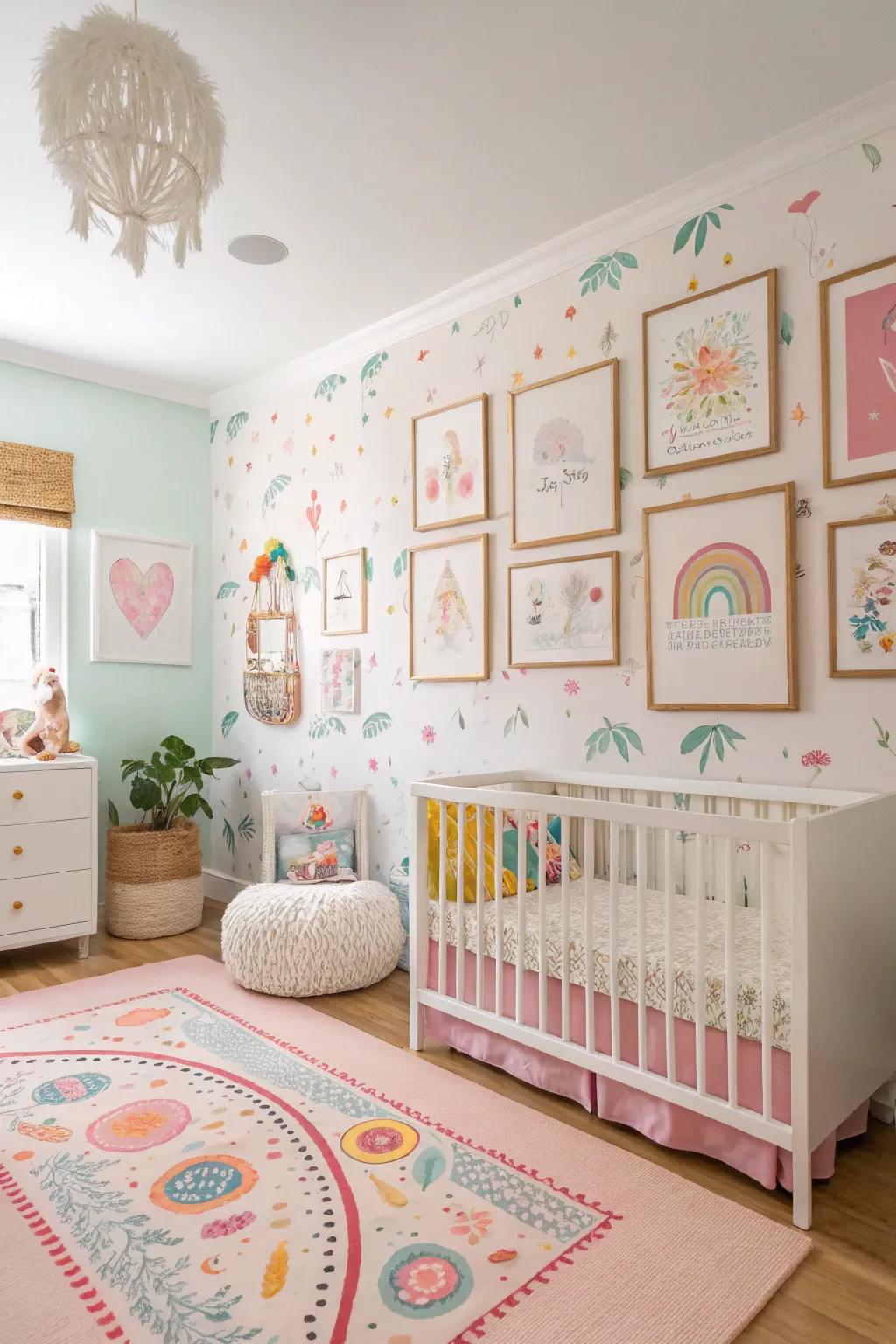 Whimsical art creates a magical nursery vibe.