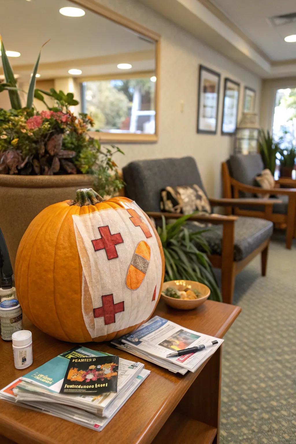 A pumpkin embellished with medical equipment adds a quirky flair.