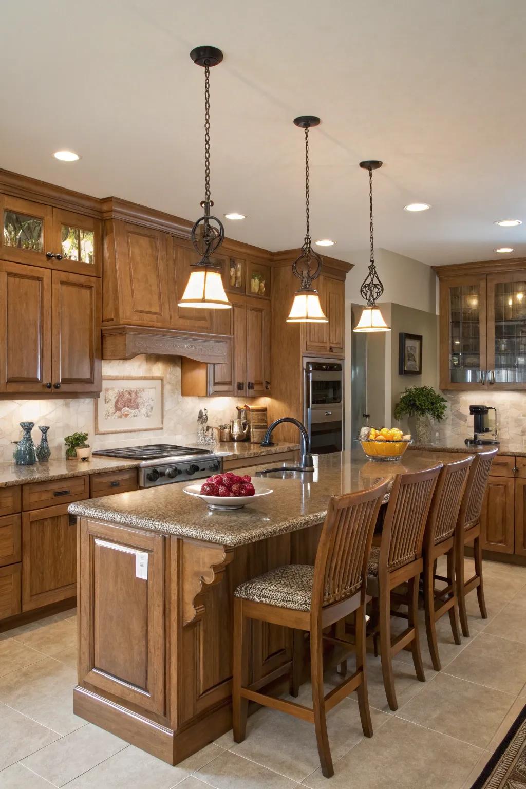Hanging illumination sets the tone in an oak kitchen.