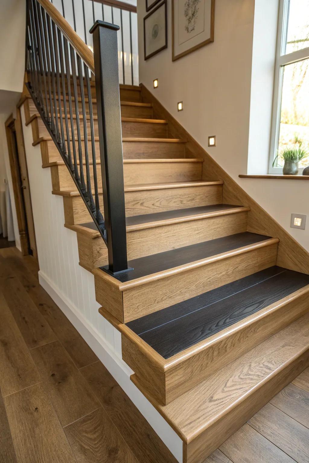 A standout featured step on a beautifully crafted oak staircase.
