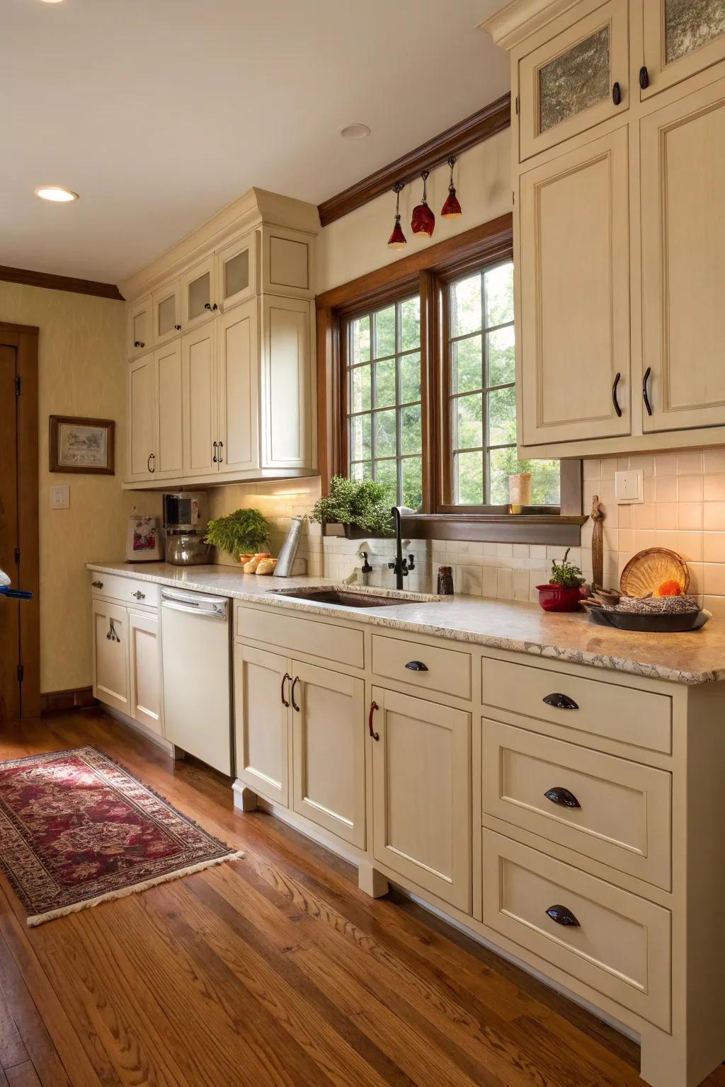 Wooden floors amplify the warmth radiating from creamy white cooking areas.