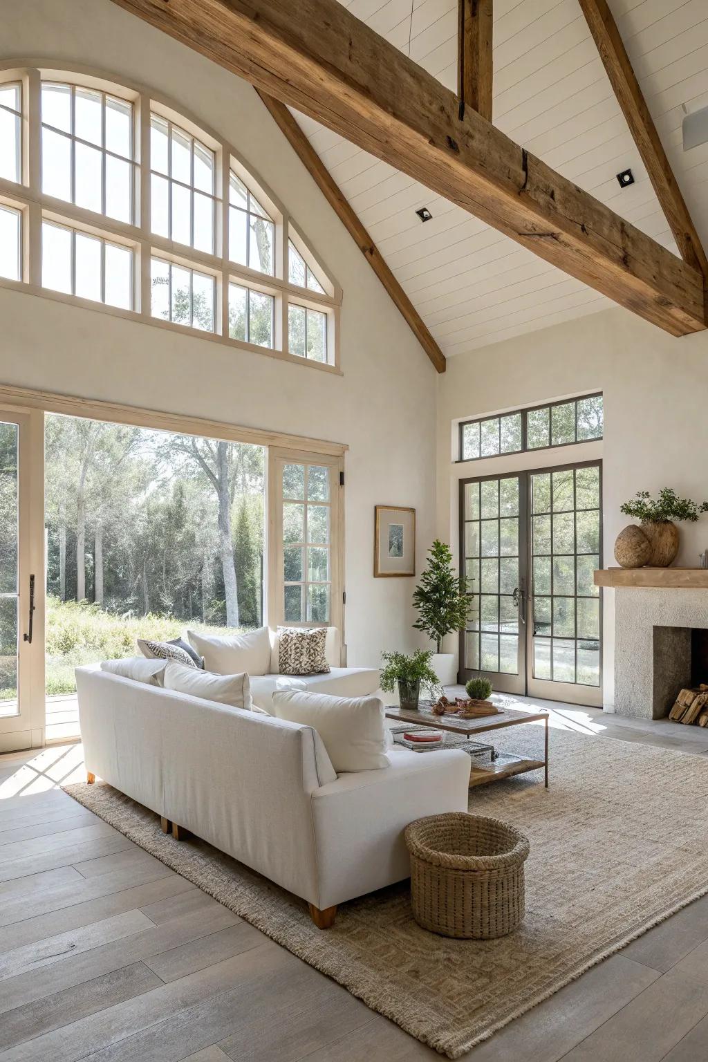 An open layout enhances the sense of space in an off white living room.