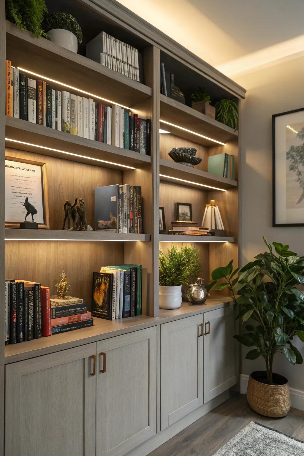 Illumination features add warmth and focus to bookshelves.