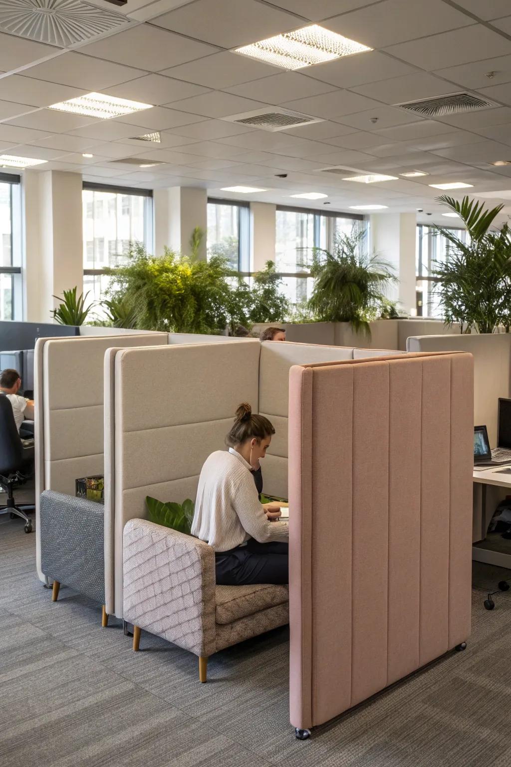 Textile dividers introduce warmth and diminish noise within office environments.