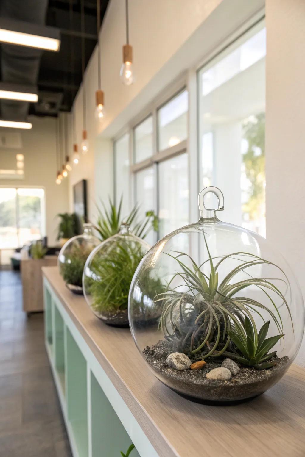 Establish a drifting garden in your office with wind plants presented in crystal spheres, adding a distinct touch to your area.