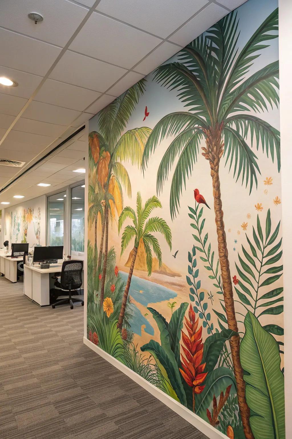 Welcome a tropical escape into your office with vibrant murals.