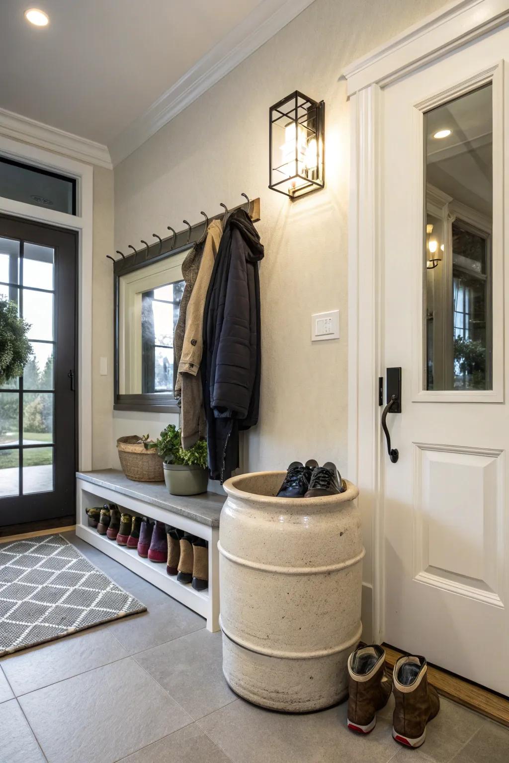 Maintain a tidy entrance with a stoneware footwear organizer.