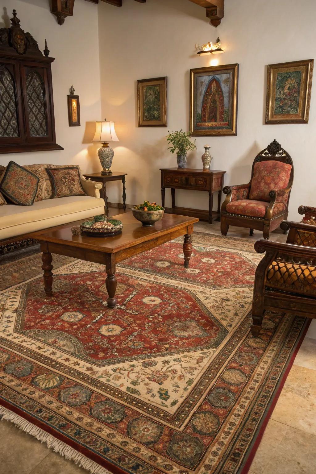 Antique floor coverings ground rooms with historic patterns.