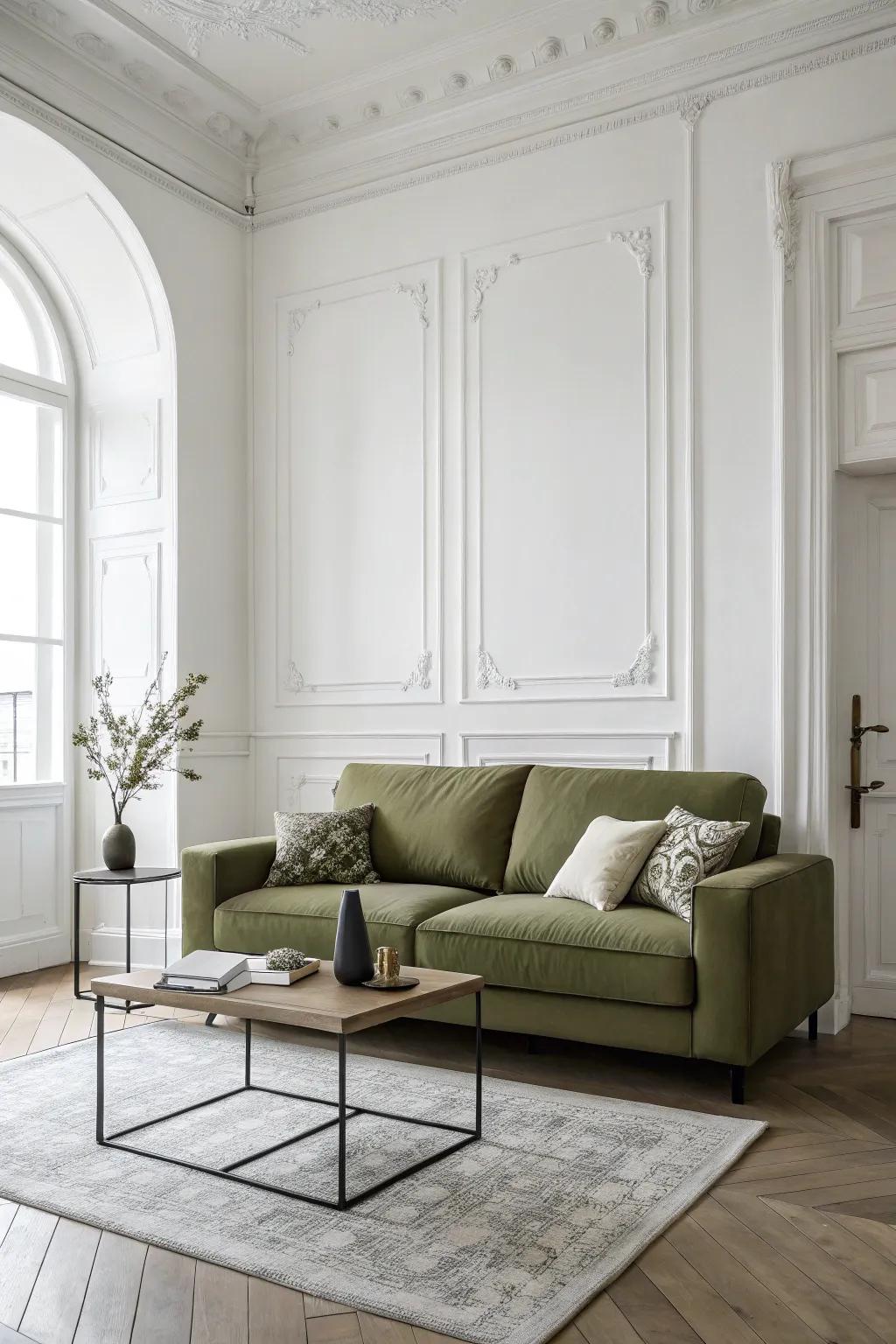 Sparse design underscores the elegance of an emerald-toned couch.