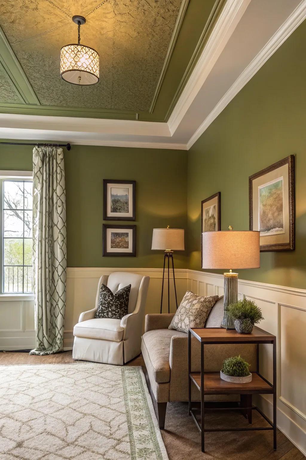 An olive green ceiling introduces a distinctive element to the space.