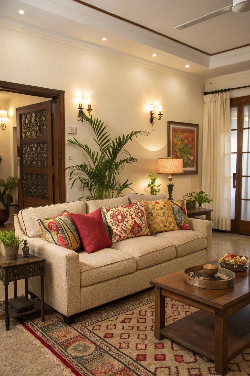 Subtle shades with bright accents create a balanced appearance.