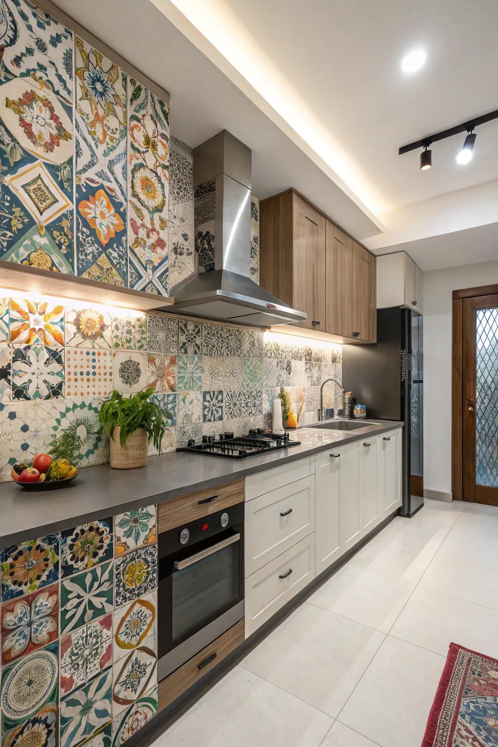 A daring backsplash acts as a focal attraction in this single-wall kitchen.