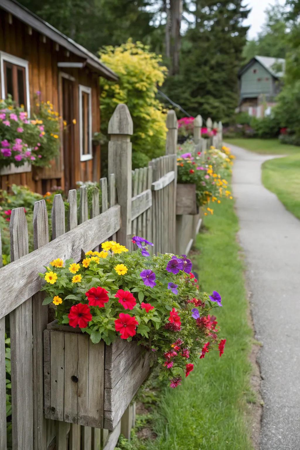 Enhance charm with ornamental touches and container boxes on fencing.